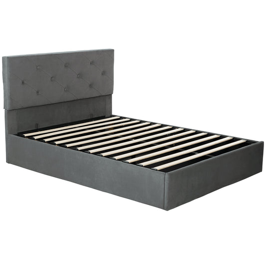 HOMCOM Double Bed Frame Gas Side Lift Under Bed Storage Upholstered Platform Bed Tufted Headboard for 140 x 190 cm Mattress