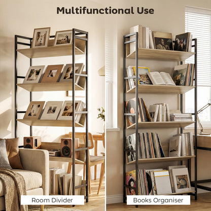 HOMCOM Bookshelf 5-Tier Metal Frame Bookcase Storage Shelves for Living Room Oak