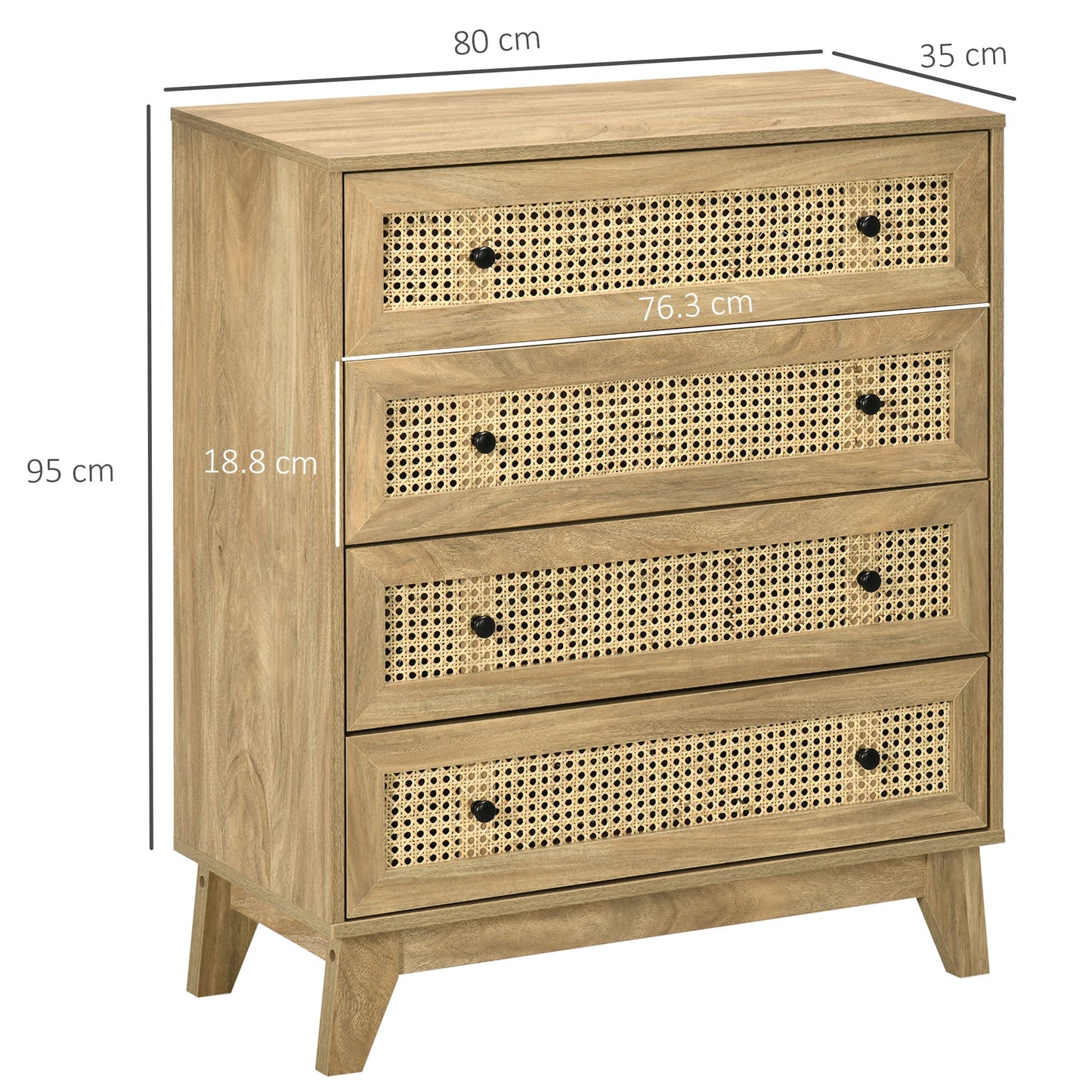 HOMCOM Storage Cabinet, 4-Drawer Unit with Rattan Element for Bedroom, Living Room, 80cmx35cmx95cm, Wood Effect