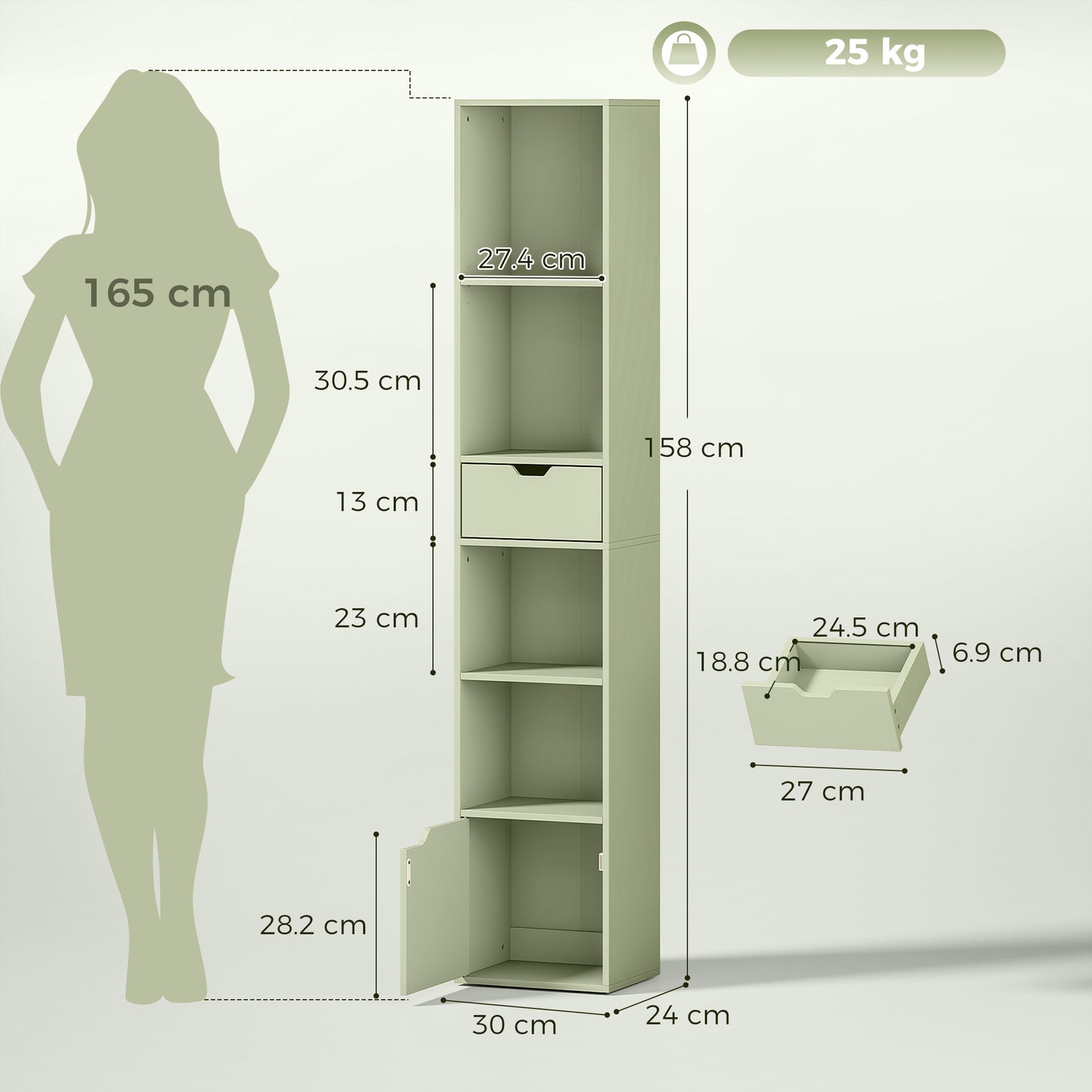 HOMCOM 6-Tier Bookcase, Tall Narrow Bookshelf with Drawer and Door - Green