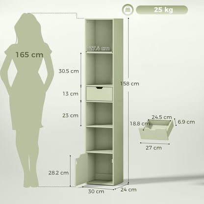 HOMCOM 6-Tier Bookcase, Tall Narrow Bookshelf with Drawer and Door - Green