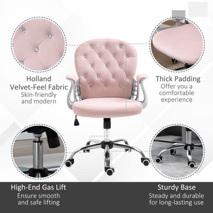 Vinsetto Office Chair Ergonomic 360° Swivel Diamond Tufted Home Work Velour Padded Base 5 Castor Wheels Pink