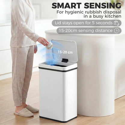 HOMCOM 40L Sensor Bin with Soft-Close Lid, Stainless Steel Automatic Touchless Motion Sensor Kitchen Bin, White