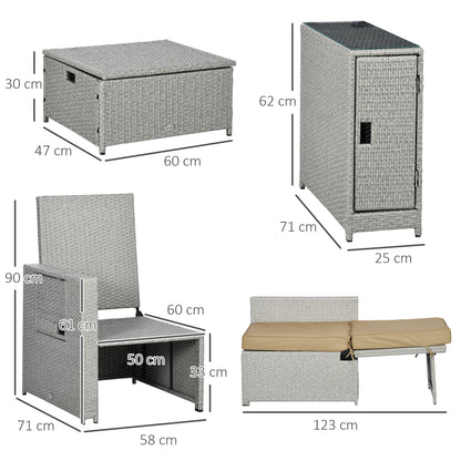 Outsunny 5PC PE Rattan Sun Lounger, Outdoor Wicker 5-level Adjustable Recliner Sofa Bed with Storage Side Table and Footstools, for Patio, Garden, Poolside, Beige