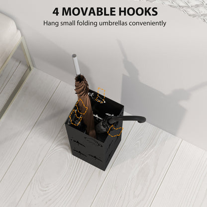 HOMCOM Metal Umbrella Stand, Square Umbrella Holder with Removable Drip Tray and 4 Hooks, Decorative Umbrella Storage Rack for Hallway, Entryway, 15.5 x 15.5 x 41 cm, Black