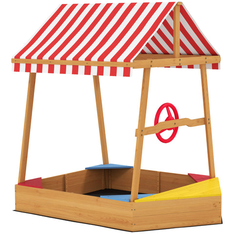 AIYAPLAY Wooden Kids Sandpit Boat Style with Canopy, 4 Seats, Rudder, Bottom Liner, for Children 3-8 Years, Yellow