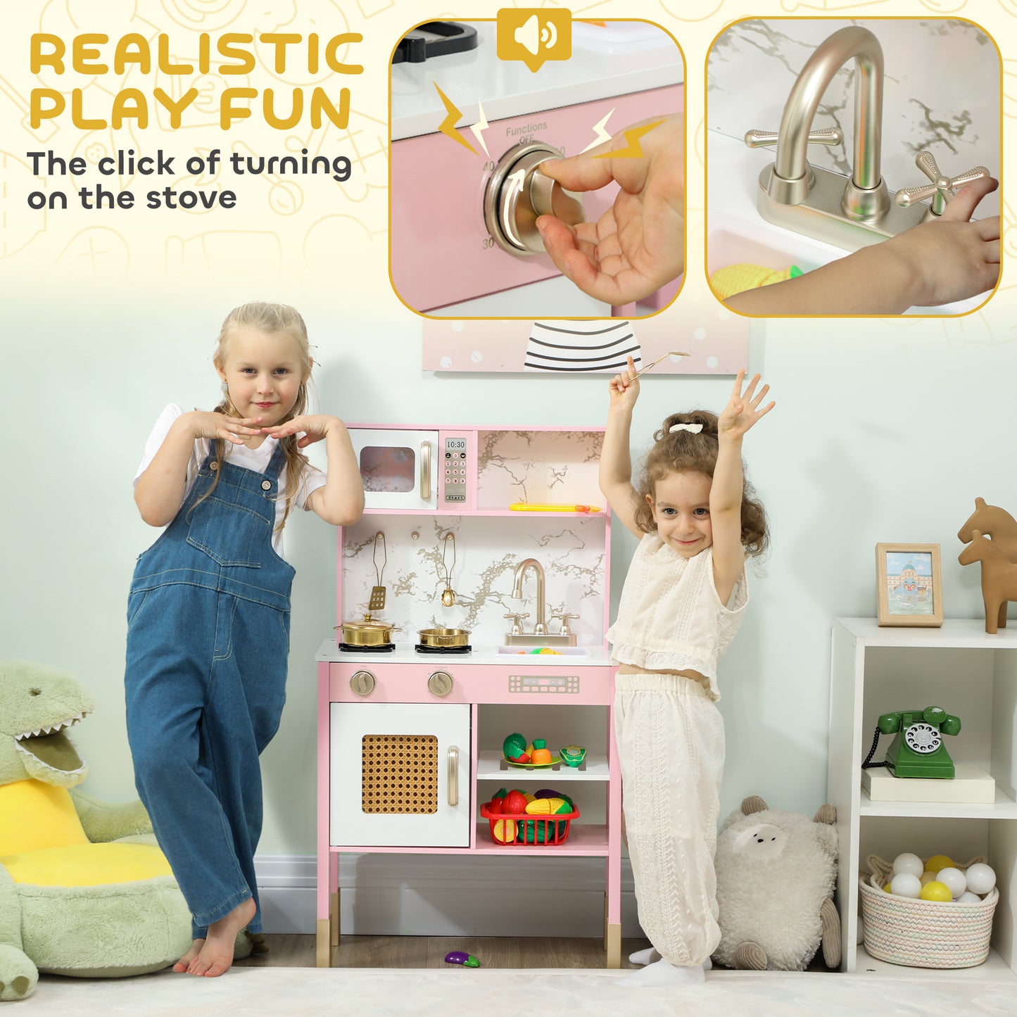 AIYAPLAY Kitchen Playset with Pretend Play Cooking Accessories, Play Kitchen with Oven, Microwave and Sink, Pink