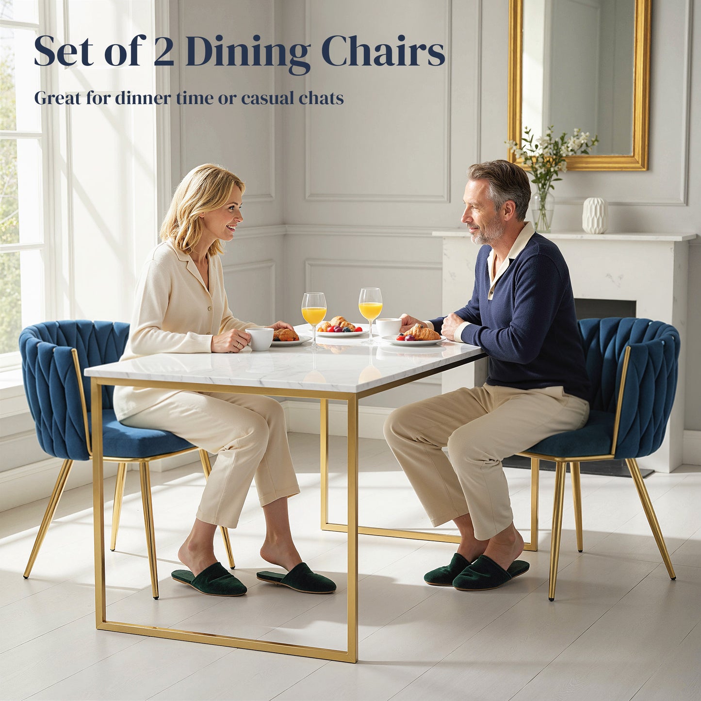 HOMCOM Velvet-Feel Dining Chairs Set of 2, Modern Upholstered Kitchen Chairs with Woven Backrest and Armrests, Metal Legs and Padded Seat for Dining Room, Bedroom, Living Room, Dark Blue