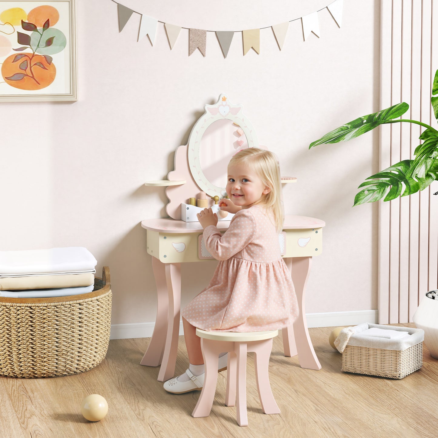 AIYAPLAY Kids Dressing Table, Girls Vanity Set with Mirror and Stool, 7 Play Accessories, Drawer, Desktop Storage, Pink