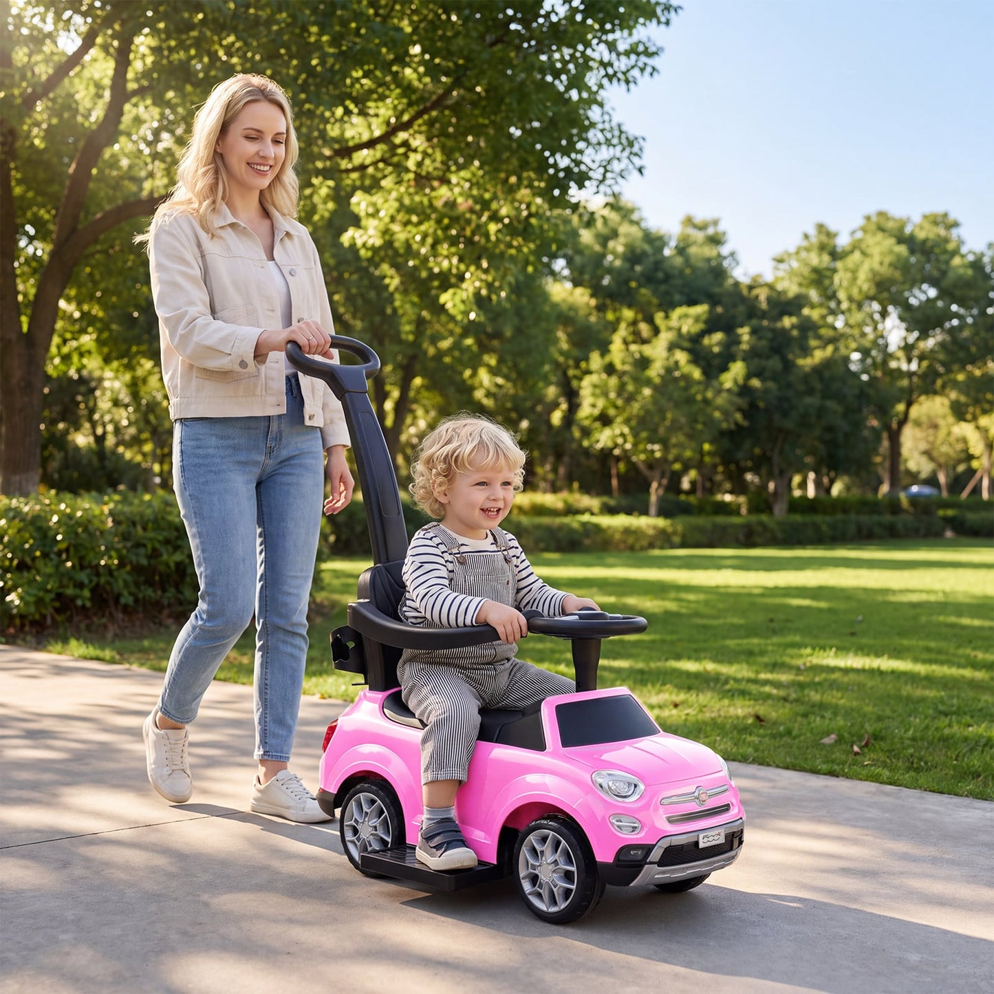 Licensed FIAT Ride On Car 2-in-1 Push Car with Removable Handle-Pink