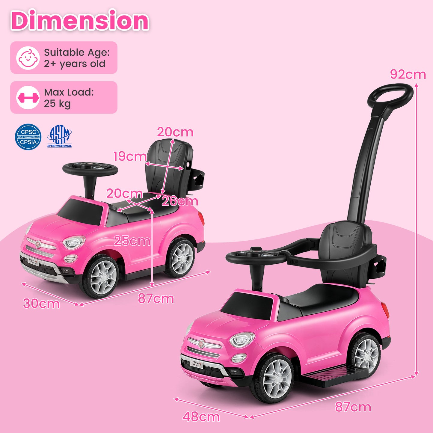 Licensed FIAT Ride On Car 2-in-1 Push Car with Removable Handle-Pink