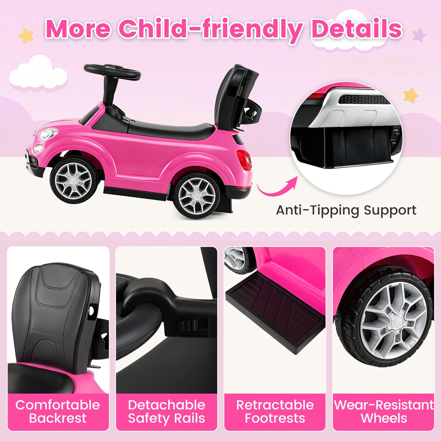 Licensed FIAT Ride On Car 2-in-1 Push Car with Removable Handle-Pink