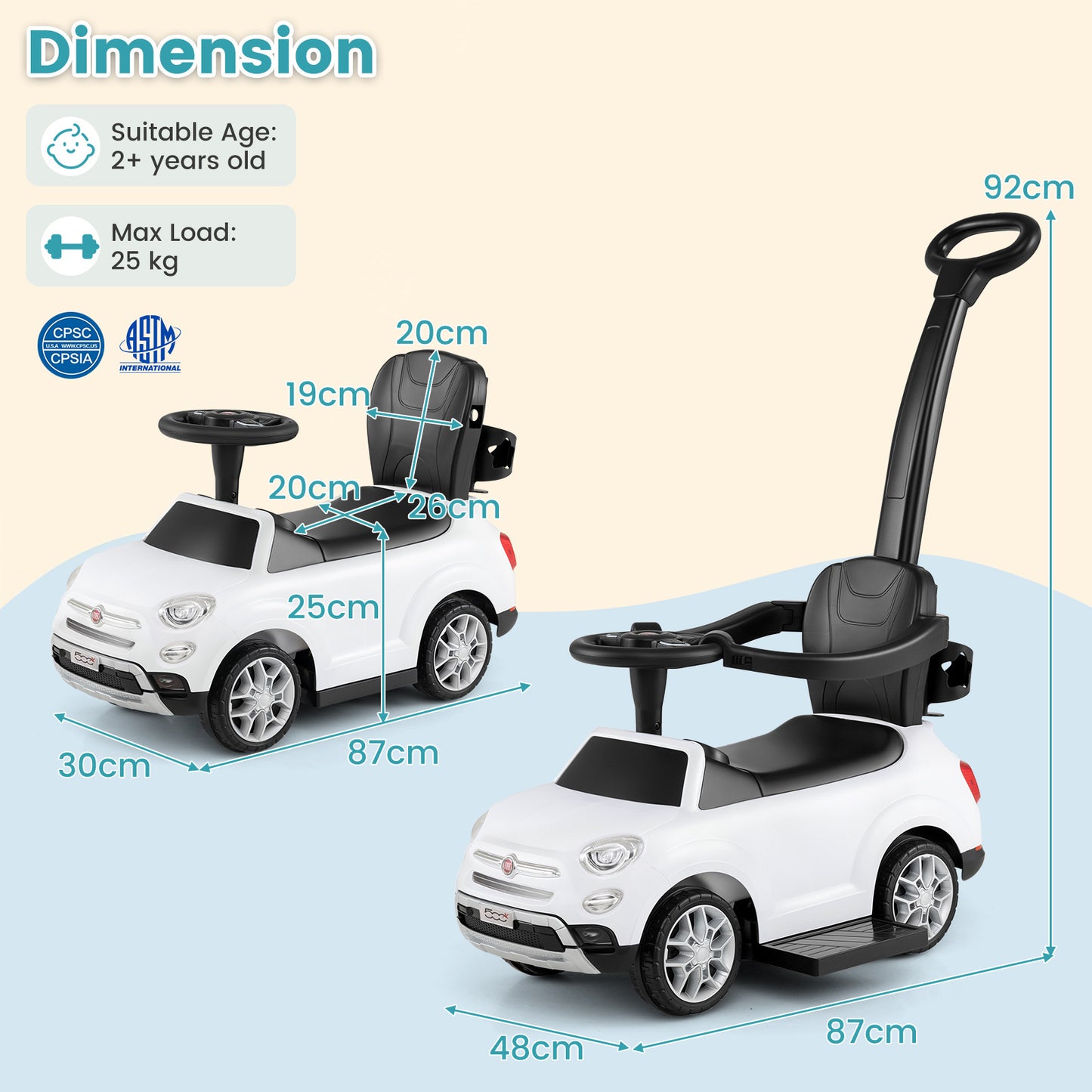 Licensed FIAT Ride On Car 2-in-1 Push Car with Removable Handle-White