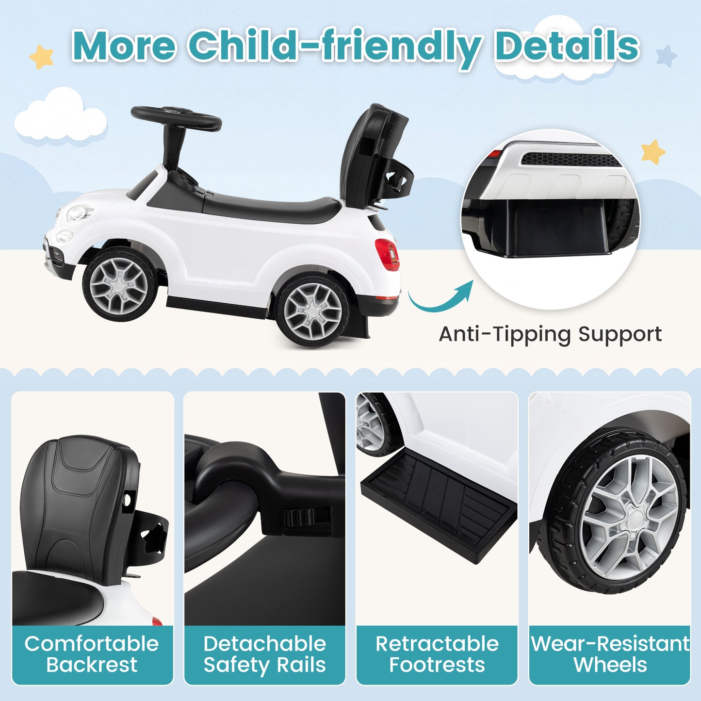 Licensed FIAT Ride On Car 2-in-1 Push Car with Removable Handle-White