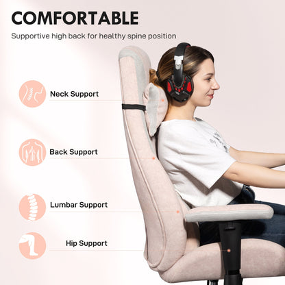 HOMCOM Fabric Gaming Chair with Lumbar Support, Headrest - Pale Pink