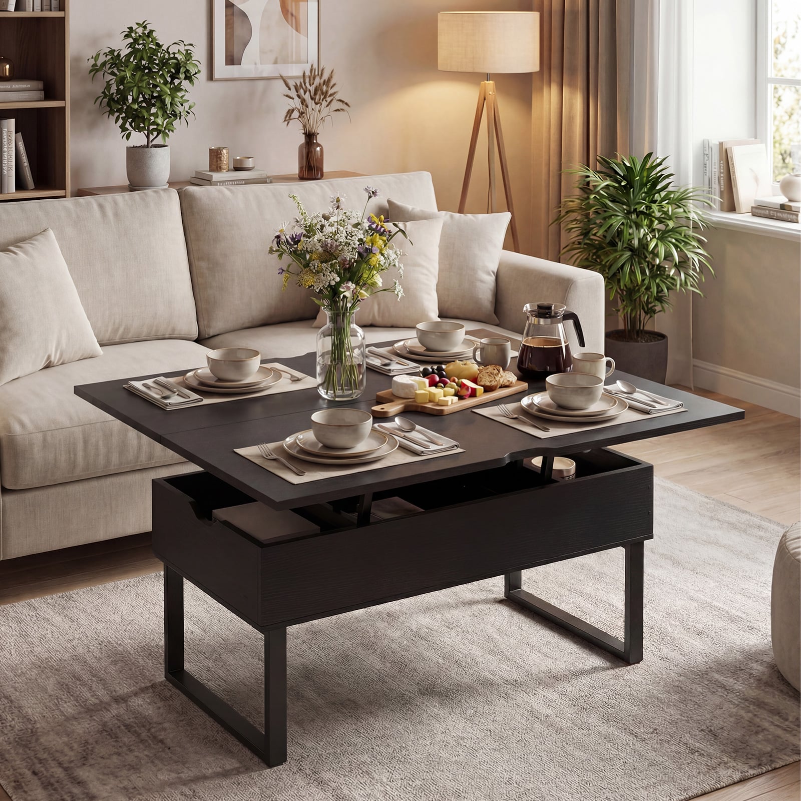 Lift Top Coffee Table 3-in-1 Convertible Coffee Table with 3 Storage Compartments-Black