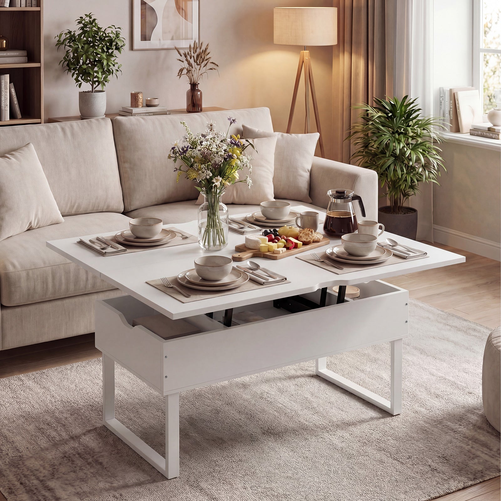 Lift Top Coffee Table 3-in-1 Convertible Coffee Table with 3 Storage Compartments-White