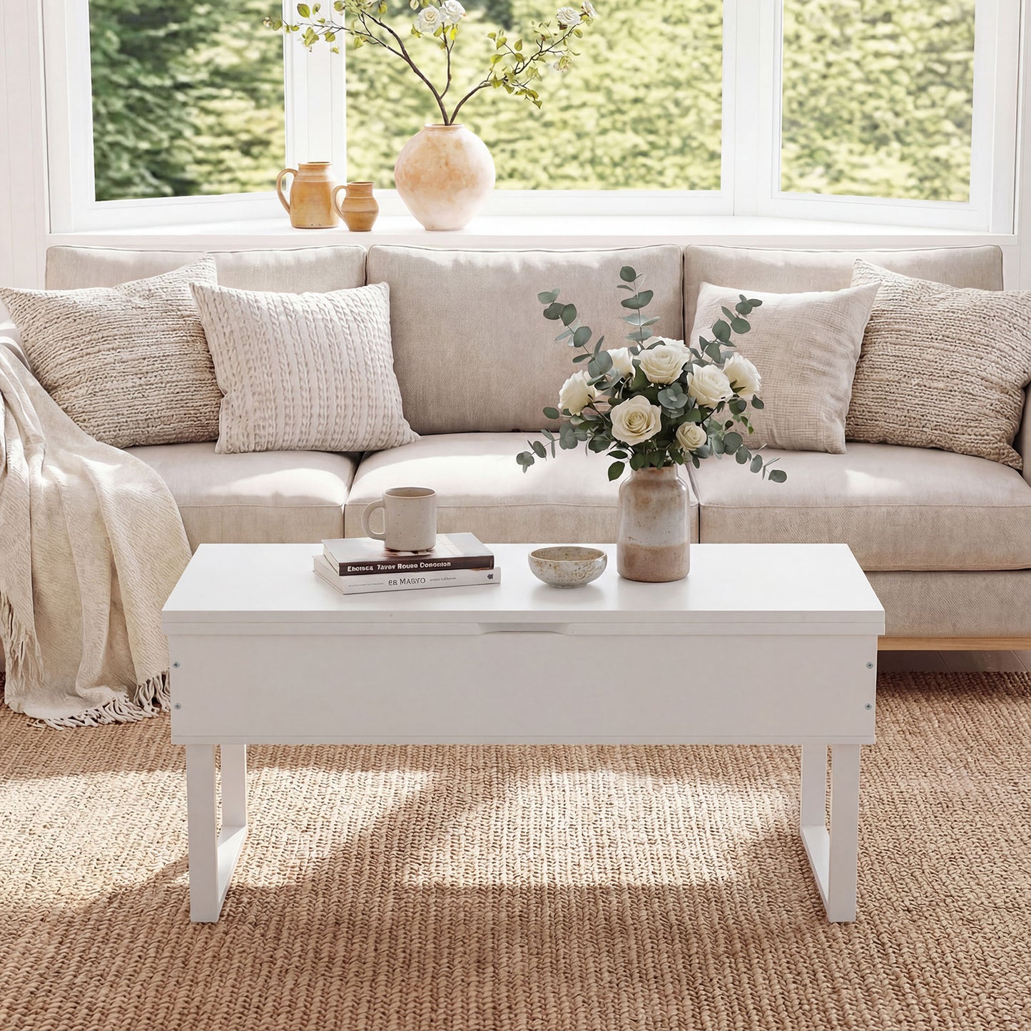 Lift Top Coffee Table 3-in-1 Convertible Coffee Table with 3 Storage Compartments-White