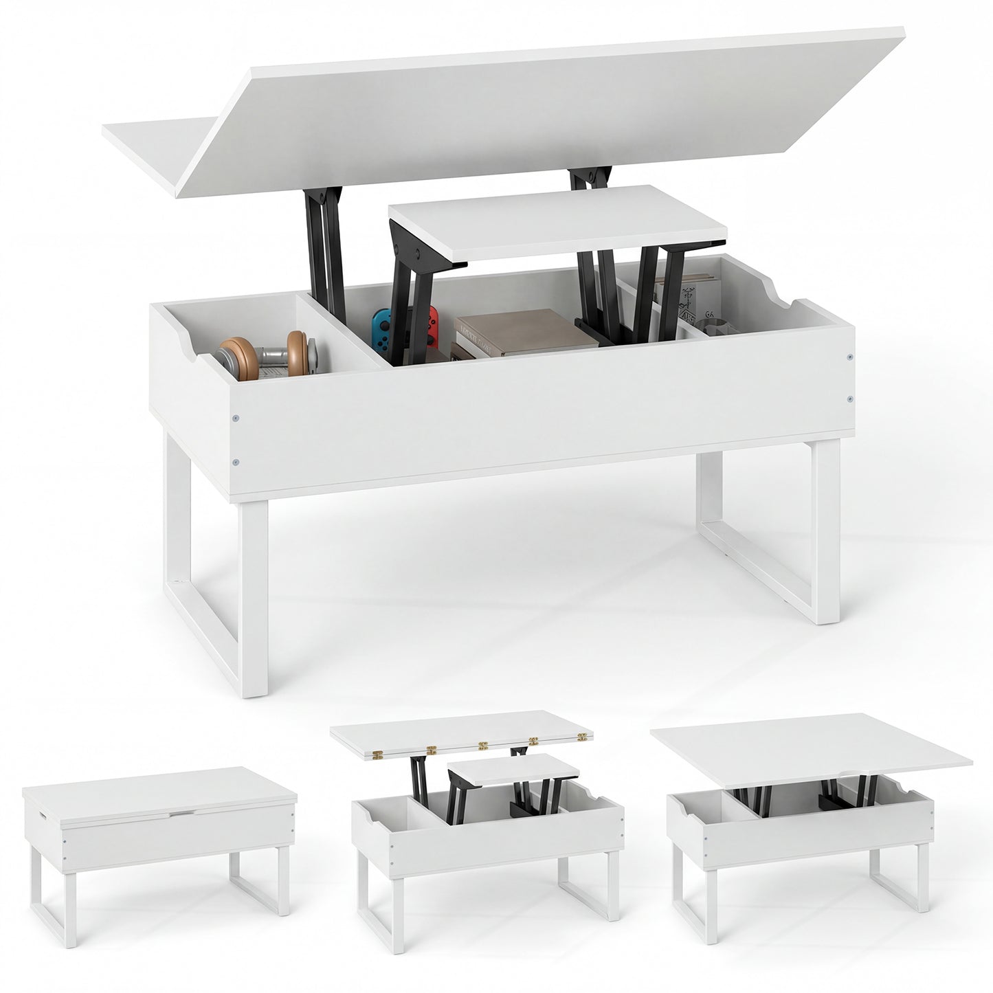 Lift Top Coffee Table 3-in-1 Convertible Coffee Table with 3 Storage Compartments-White