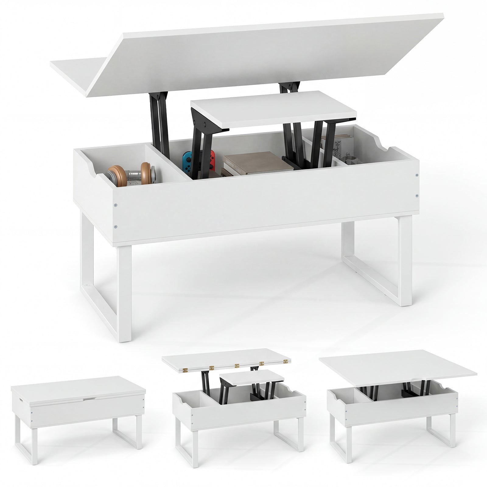 Lift Top Coffee Table 3-in-1 Convertible Coffee Table with 3 Storage Compartments-White