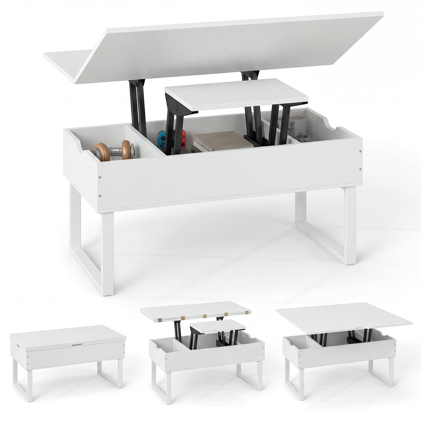 Lift Top Coffee Table 3-in-1 Convertible Coffee Table with 3 Storage Compartments-White