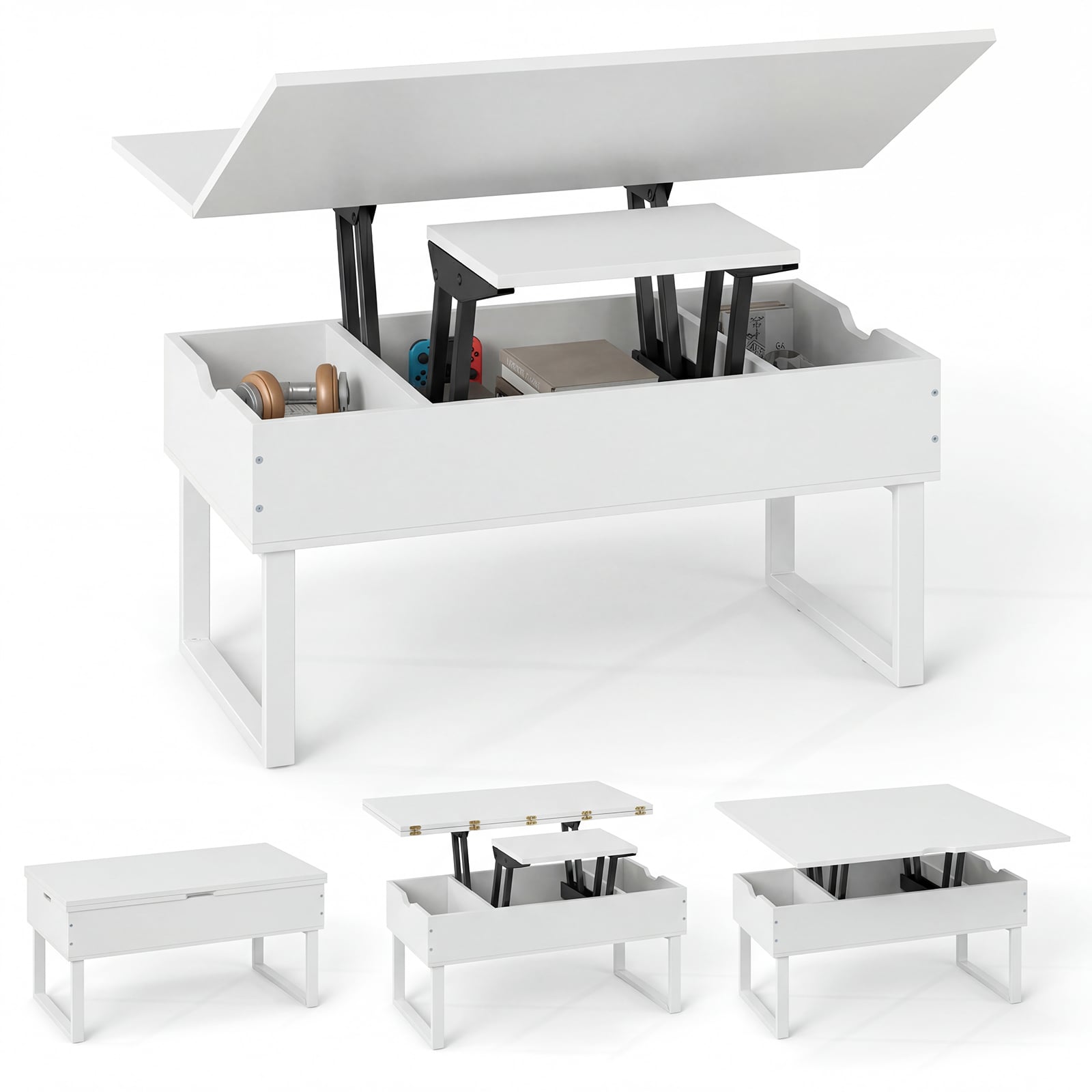 Lift Top Coffee Table 3-in-1 Convertible Coffee Table with 3 Storage Compartments-White