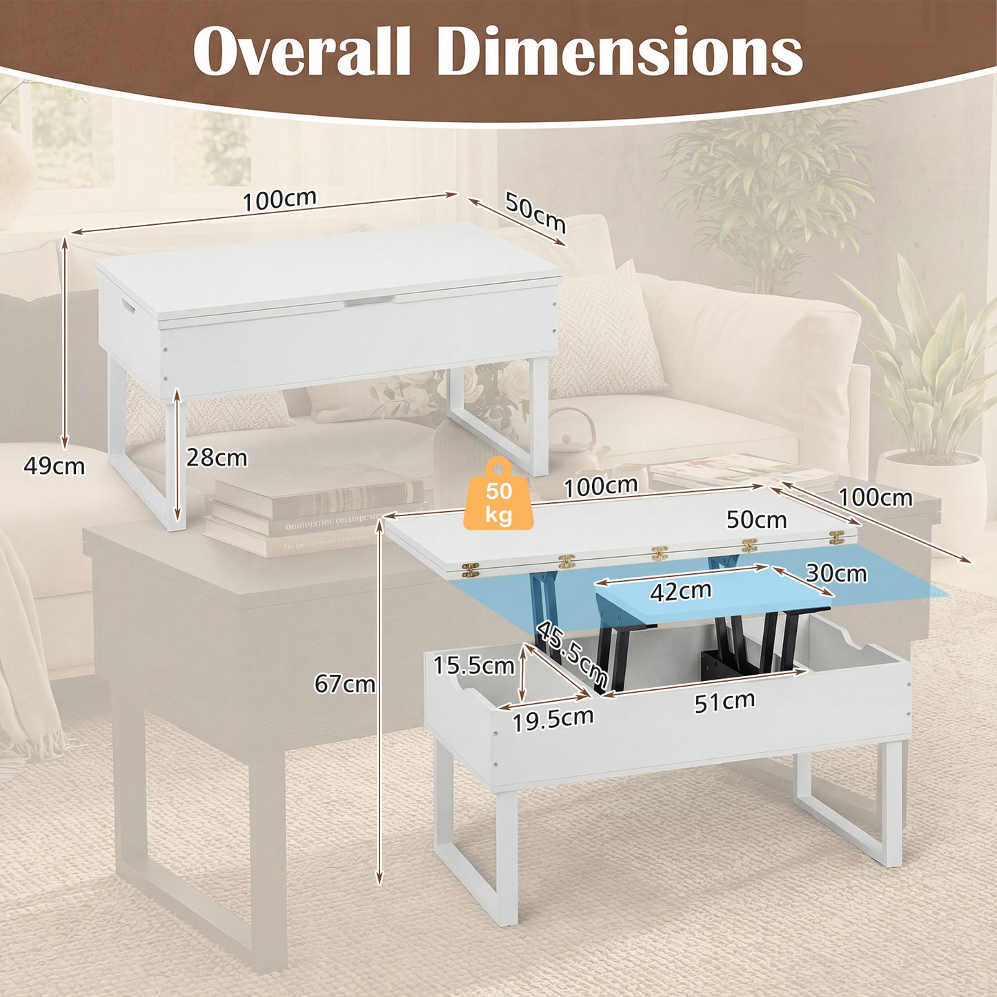 Lift Top Coffee Table 3-in-1 Convertible Coffee Table with 3 Storage Compartments-White
