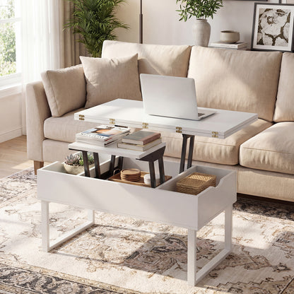 Lift Top Coffee Table 3-in-1 Convertible Coffee Table with 3 Storage Compartments-White