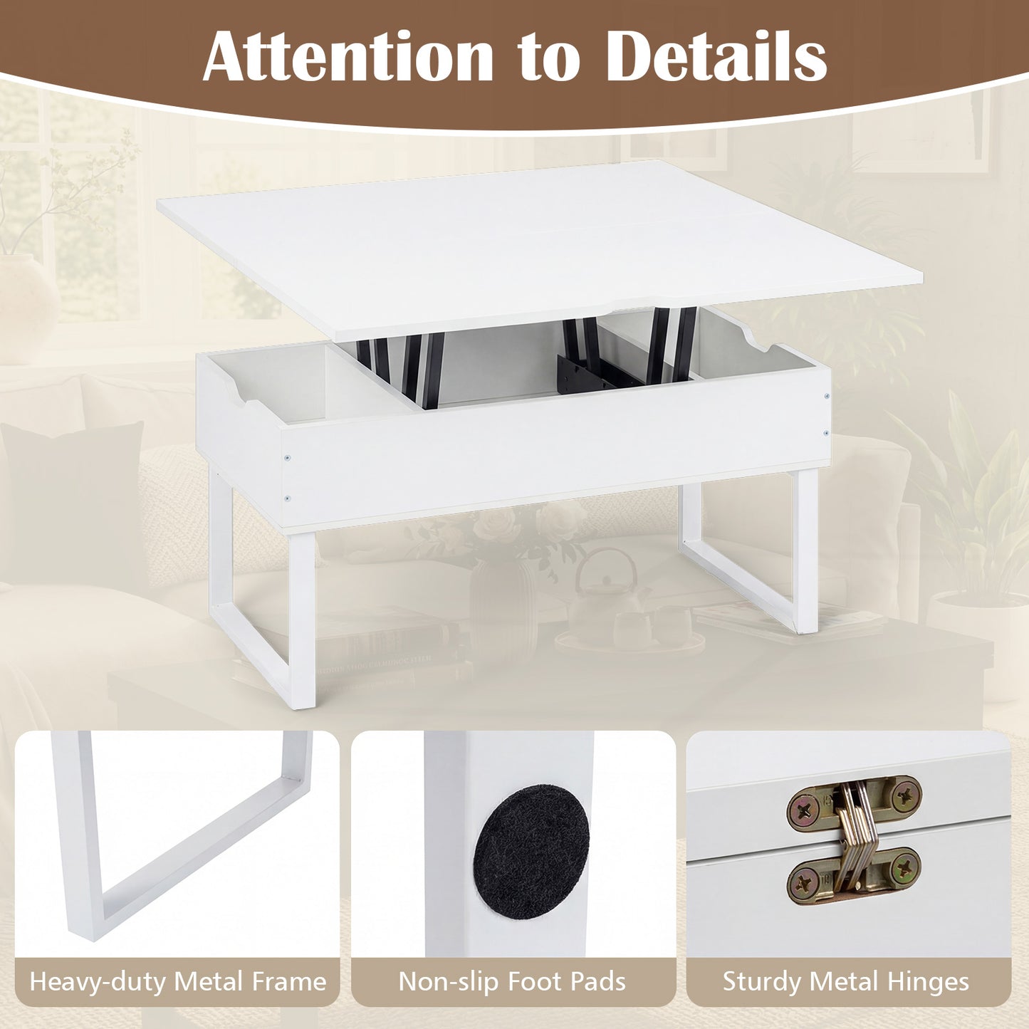Lift Top Coffee Table 3-in-1 Convertible Coffee Table with 3 Storage Compartments-White