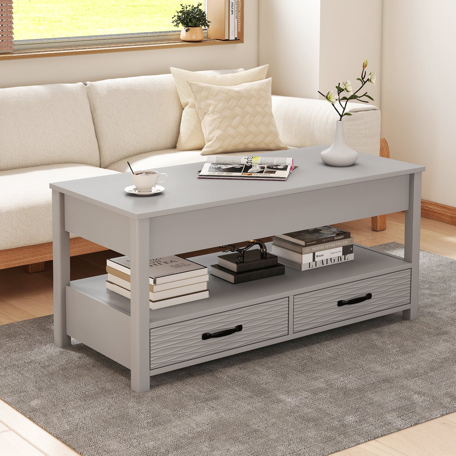 Lift Top Coffee Table Farmhouse Accent Table with Storage-Grey