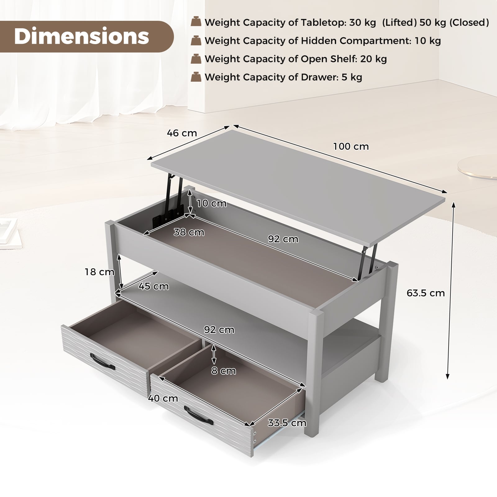 Lift Top Coffee Table Farmhouse Accent Table with Storage-Grey