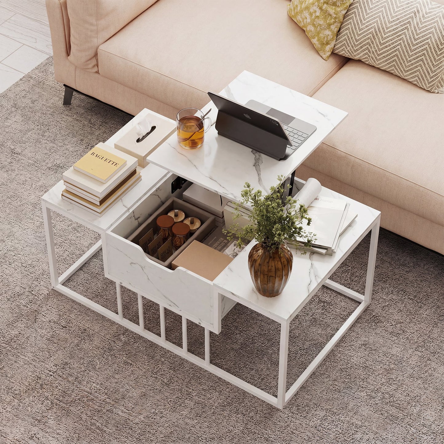 Lift Top Coffee Table Modern Center Table with Hidden Storage Compartment-White