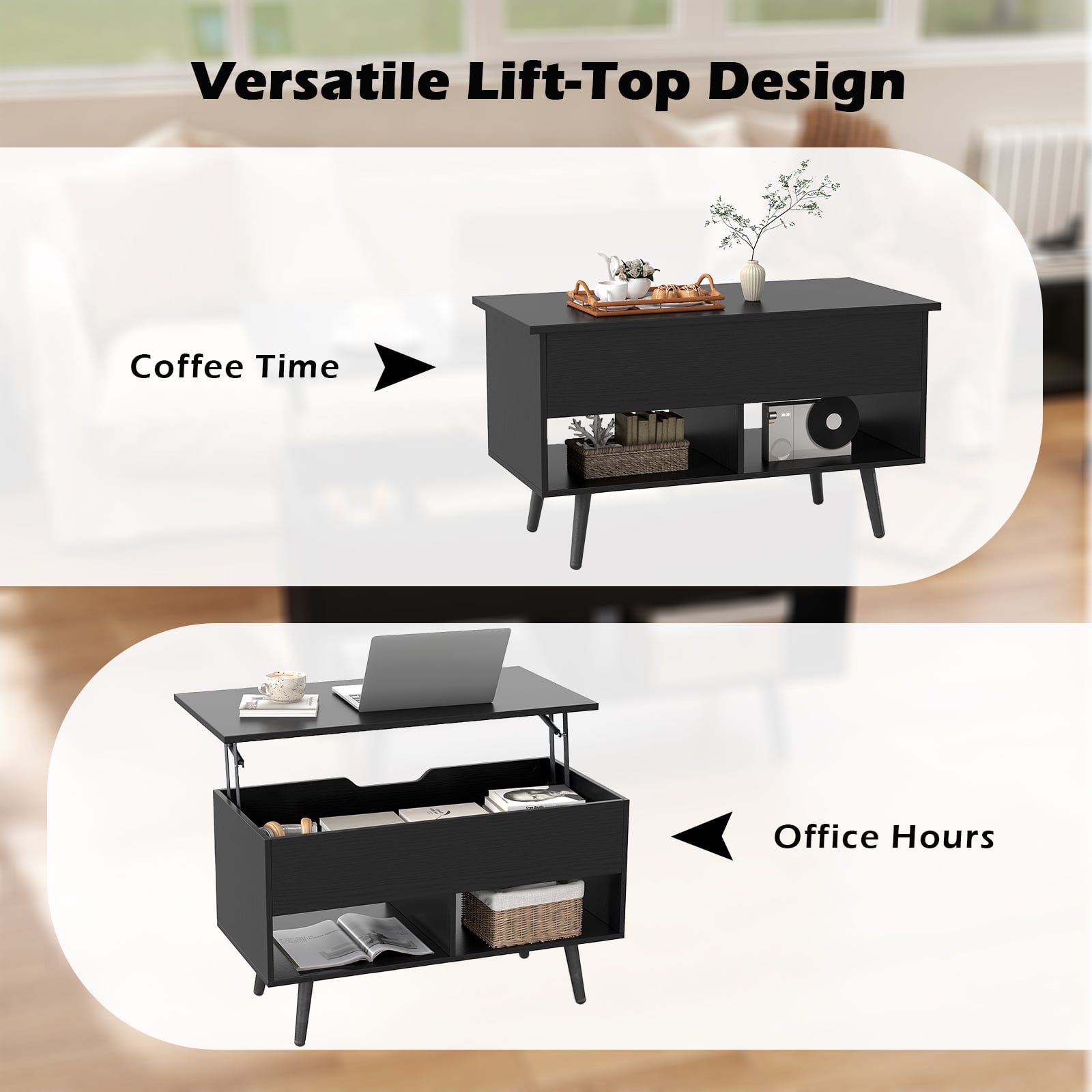 Lift Up Top Coffee Table with Hidden Storage Compartment and Open Shelf-Black