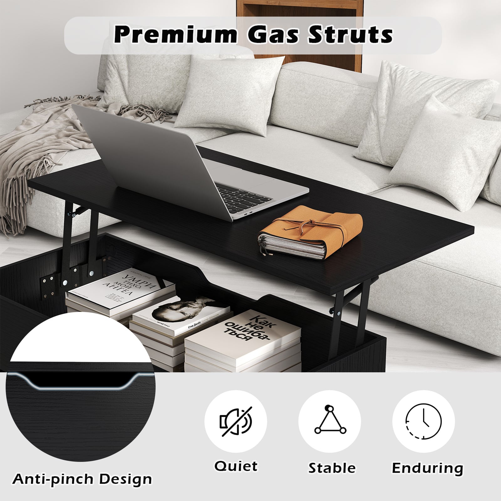 Lift Up Top Coffee Table with Hidden Storage Compartment and Open Shelf-Black