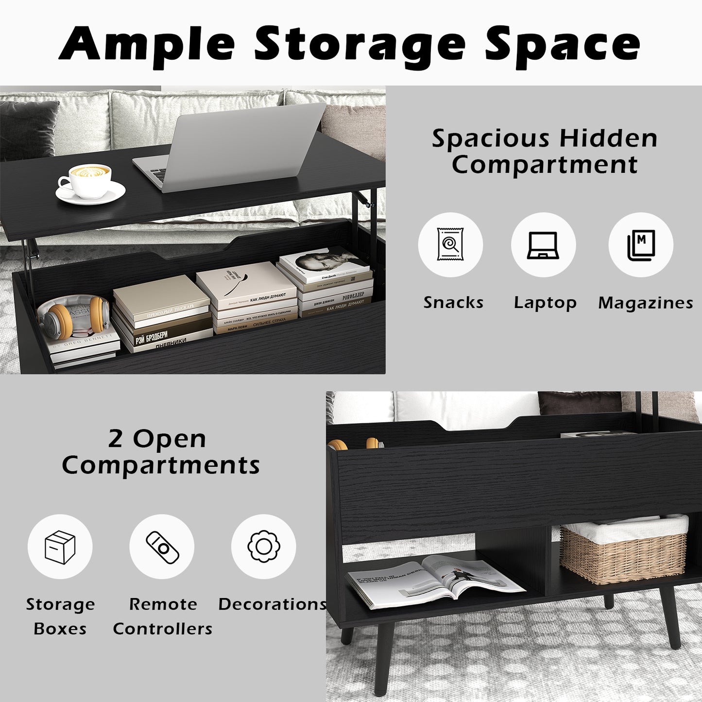 Lift Up Top Coffee Table with Hidden Storage Compartment and Open Shelf-Black