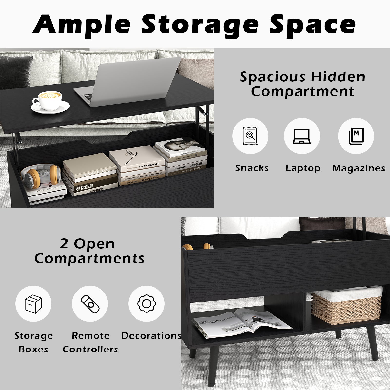 Lift Up Top Coffee Table with Hidden Storage Compartment and Open Shelf-Black