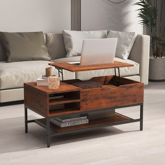 Lift Top Coffee Table with Hidden Compartment and Removable Shelf-Rustic Brown