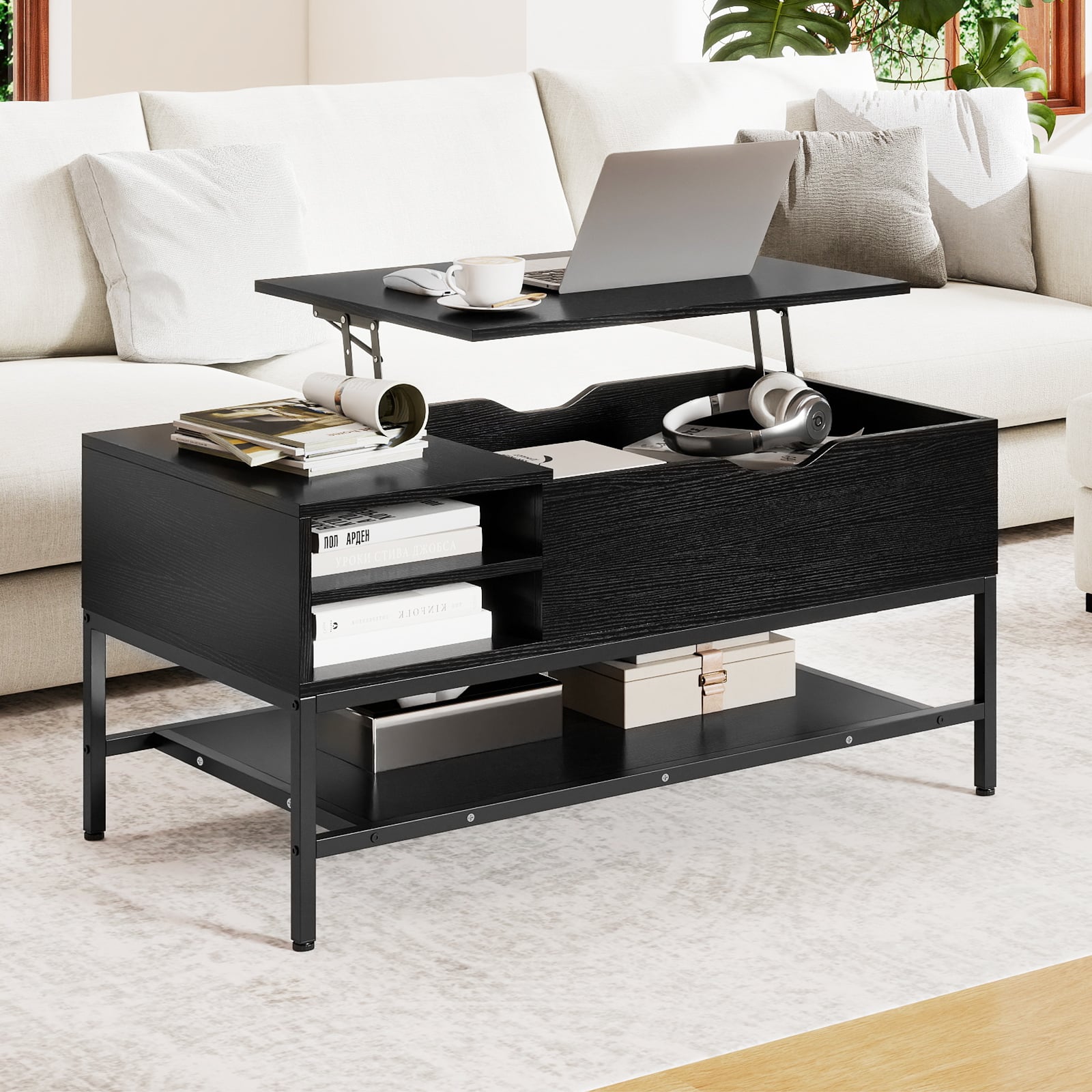 Lift Top Coffee Table with Hidden Compartment and Storage Shelf-Black