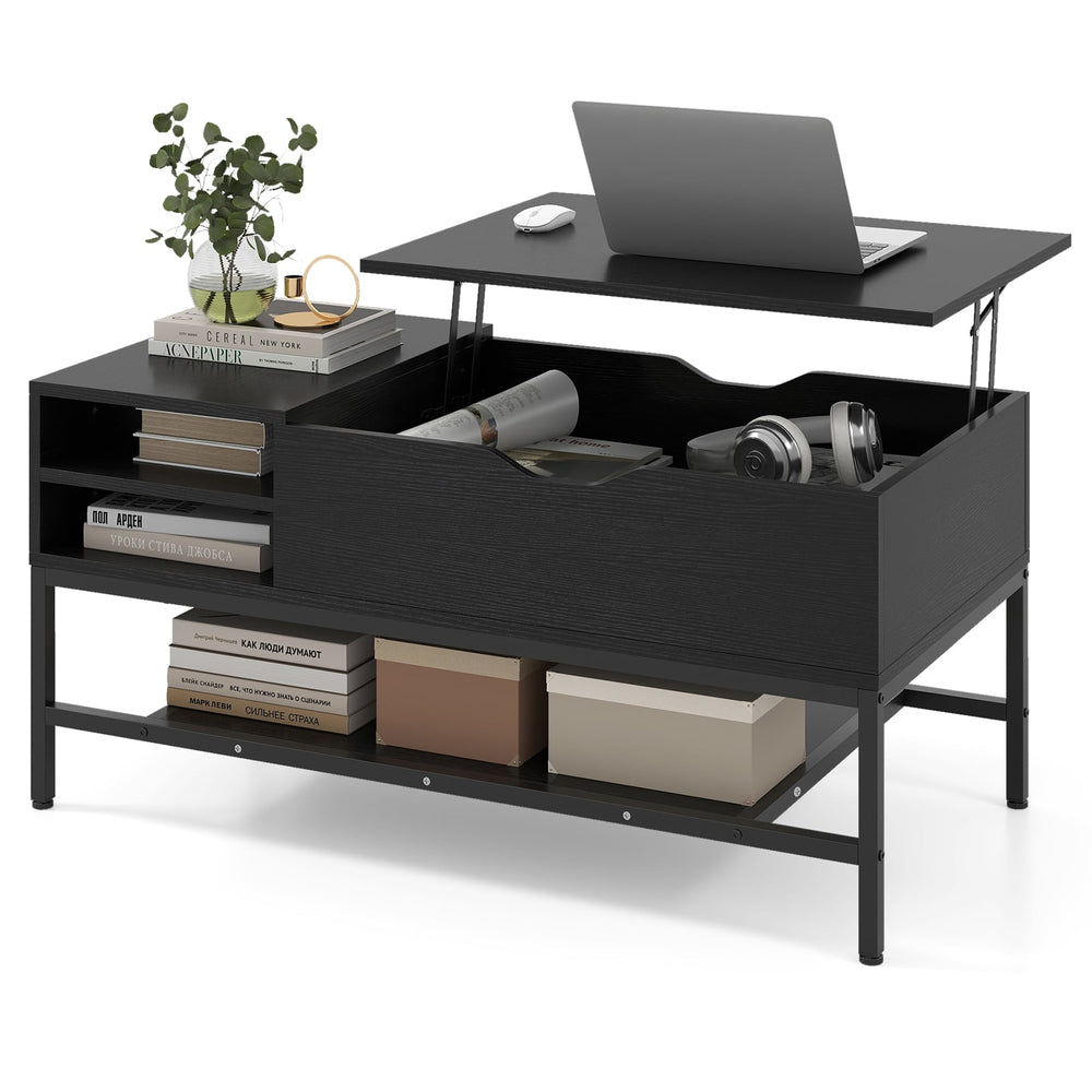 Lift Top Coffee Table with Hidden Compartment and Storage Shelf-Black