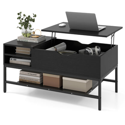 Lift Top Coffee Table with Hidden Compartment and Storage Shelf-Black