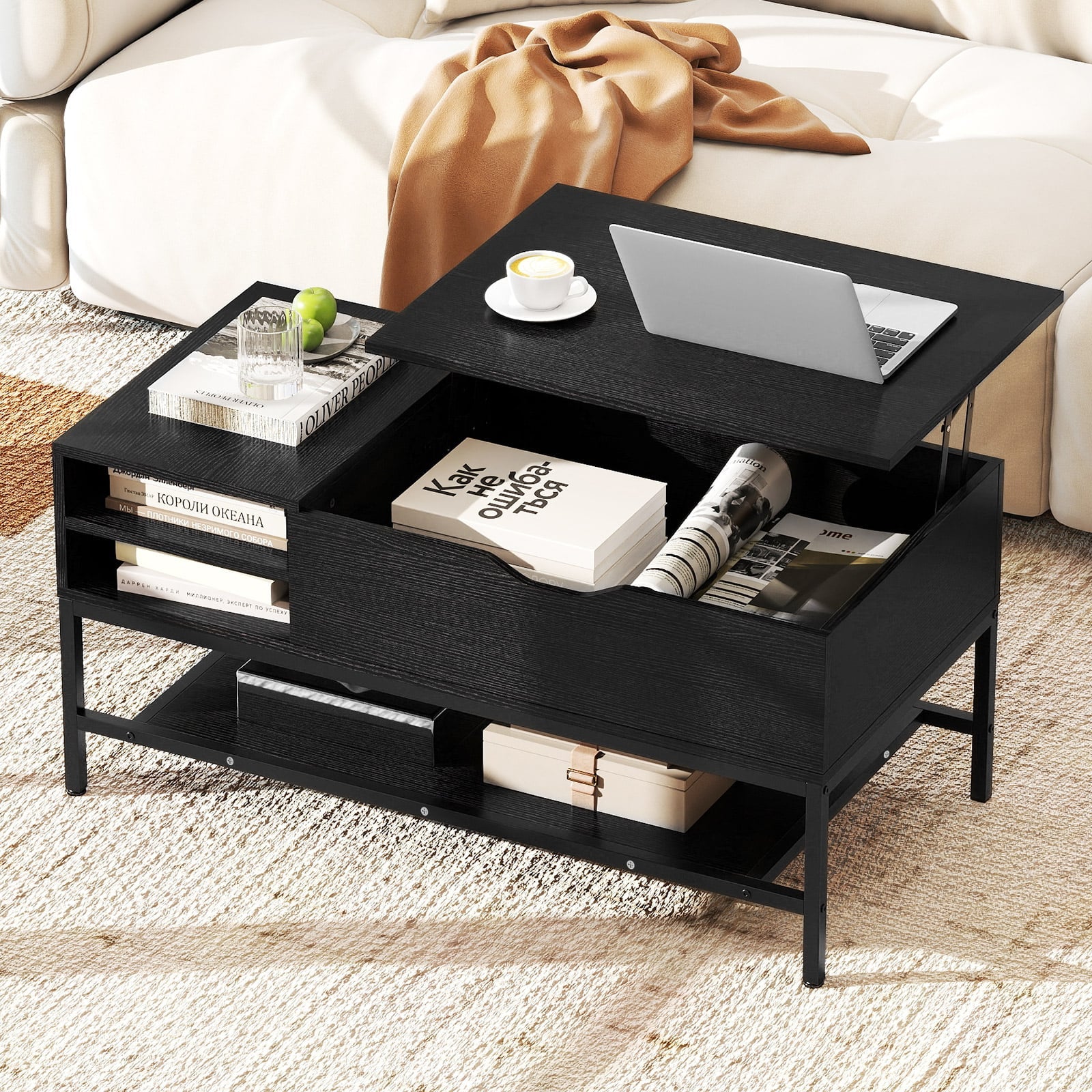 Lift Top Coffee Table with Hidden Compartment and Storage Shelf-Black
