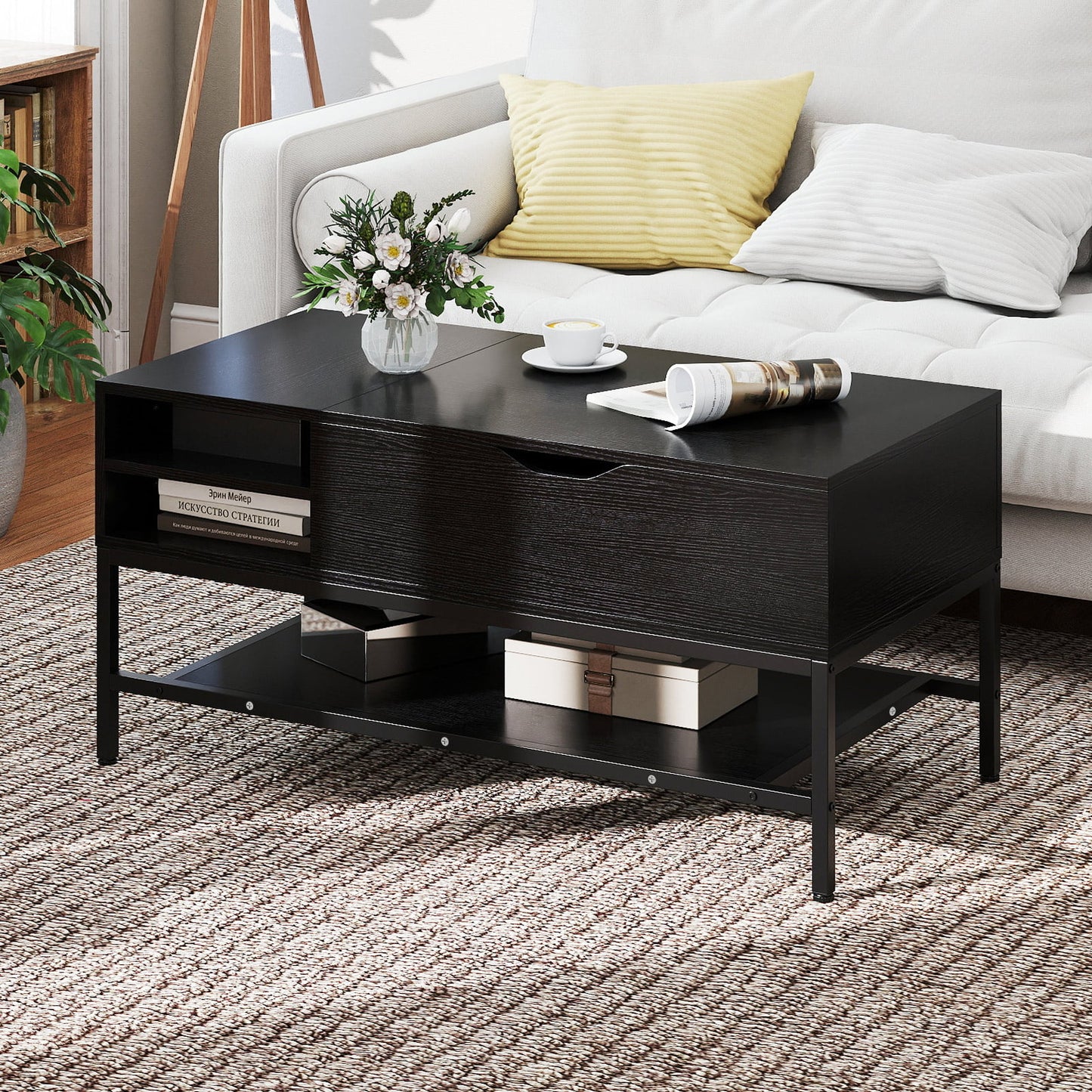 Lift Top Coffee Table with Hidden Compartment and Storage Shelf-Black