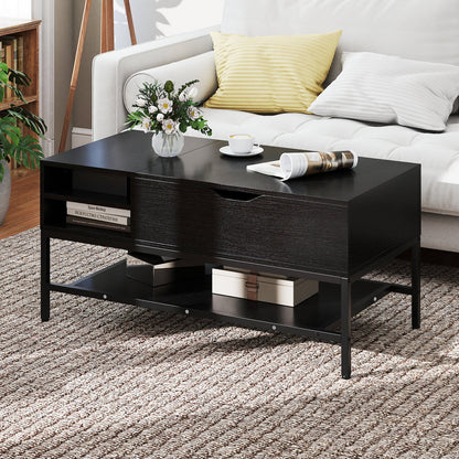 Lift Top Coffee Table with Hidden Compartment and Storage Shelf-Black