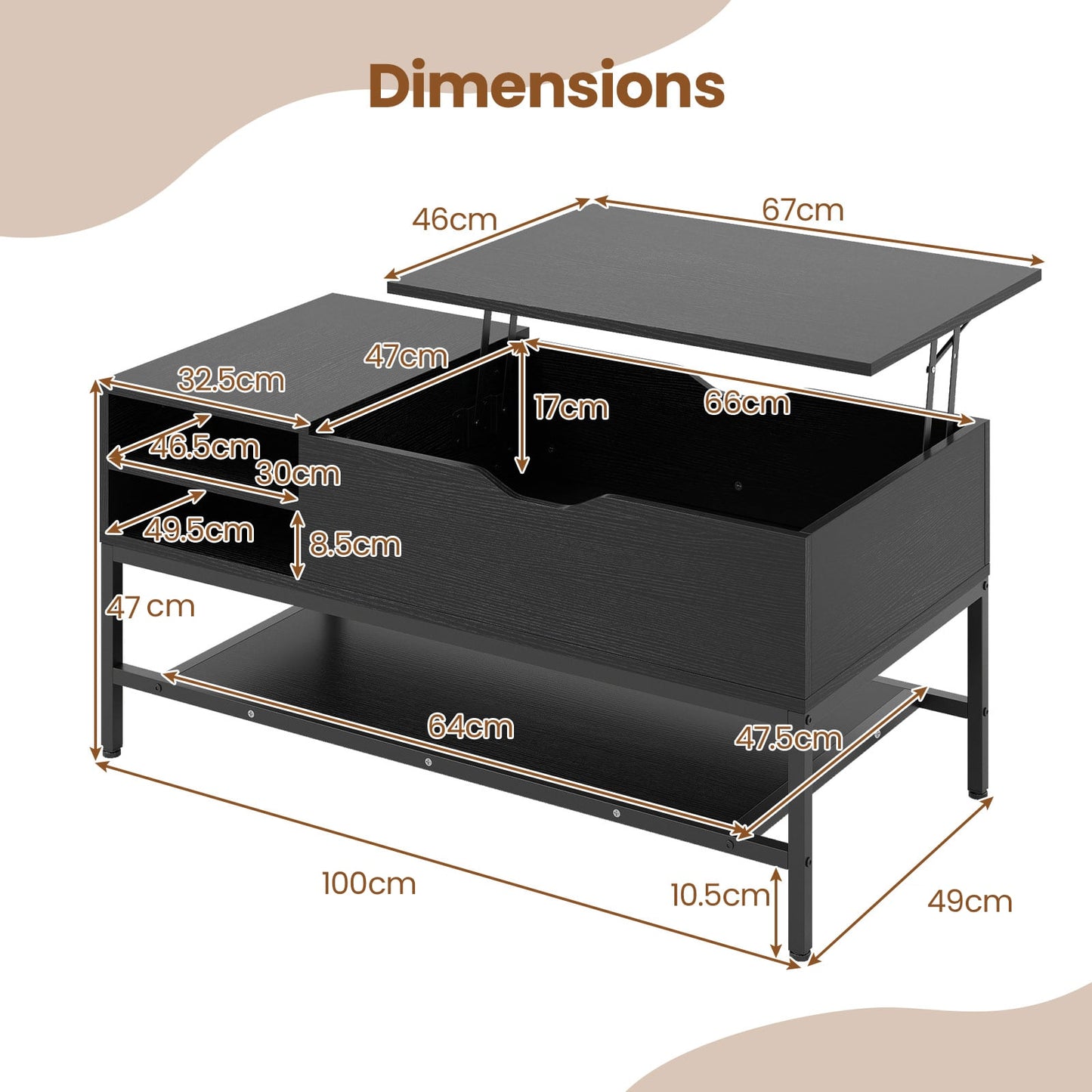 Lift Top Coffee Table with Hidden Compartment and Storage Shelf-Black