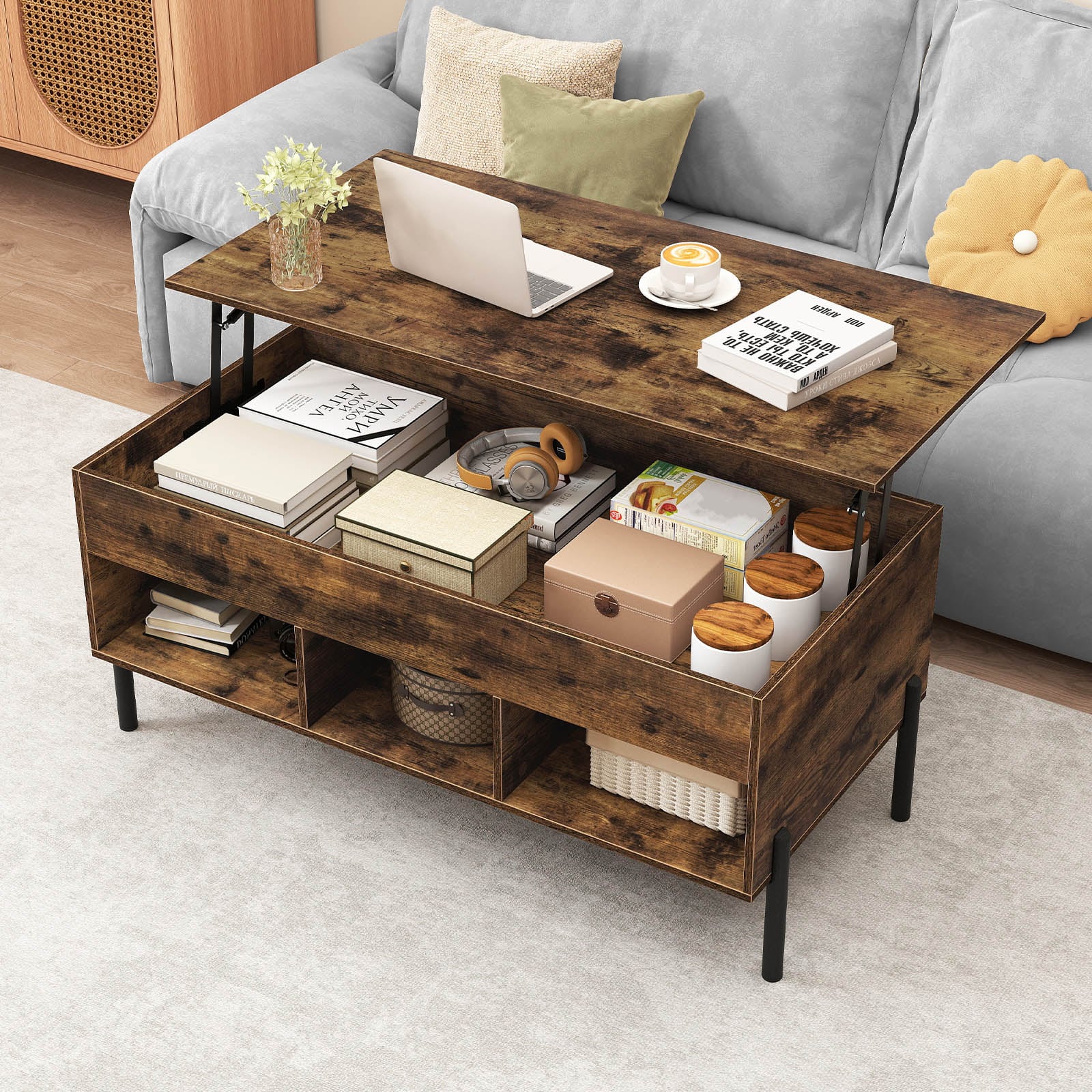 Lift Top Coffee Table with Large Hidden Compartment and 3 Open Cubbies-Rustic Brown