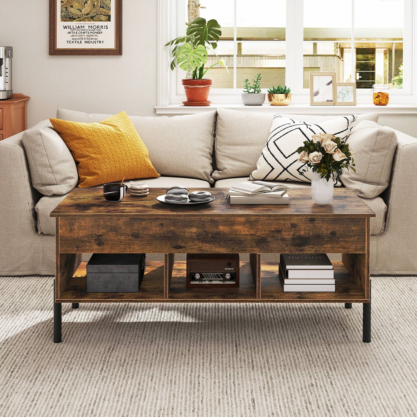 Lift Top Coffee Table with Large Hidden Compartment and 3 Open Cubbies-Rustic Brown