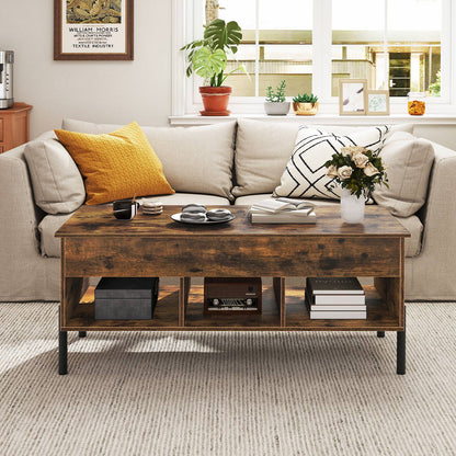 Lift Top Coffee Table with Large Hidden Compartment and 3 Open Cubbies-Rustic Brown