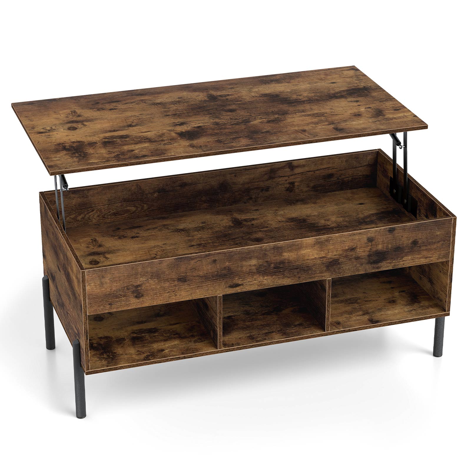 Lift Top Coffee Table with Large Hidden Compartment and 3 Open Cubbies-Rustic Brown