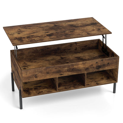 Lift Top Coffee Table with Large Hidden Compartment and 3 Open Cubbies-Rustic Brown
