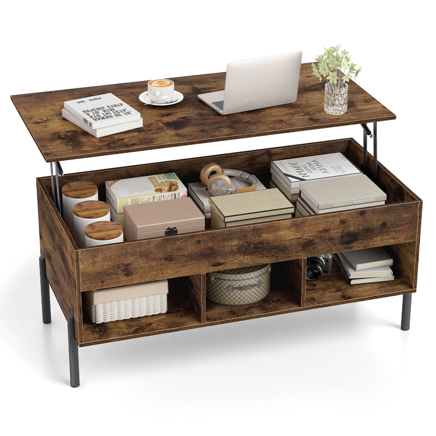 Lift Top Coffee Table with Large Hidden Compartment and 3 Open Cubbies-Rustic Brown